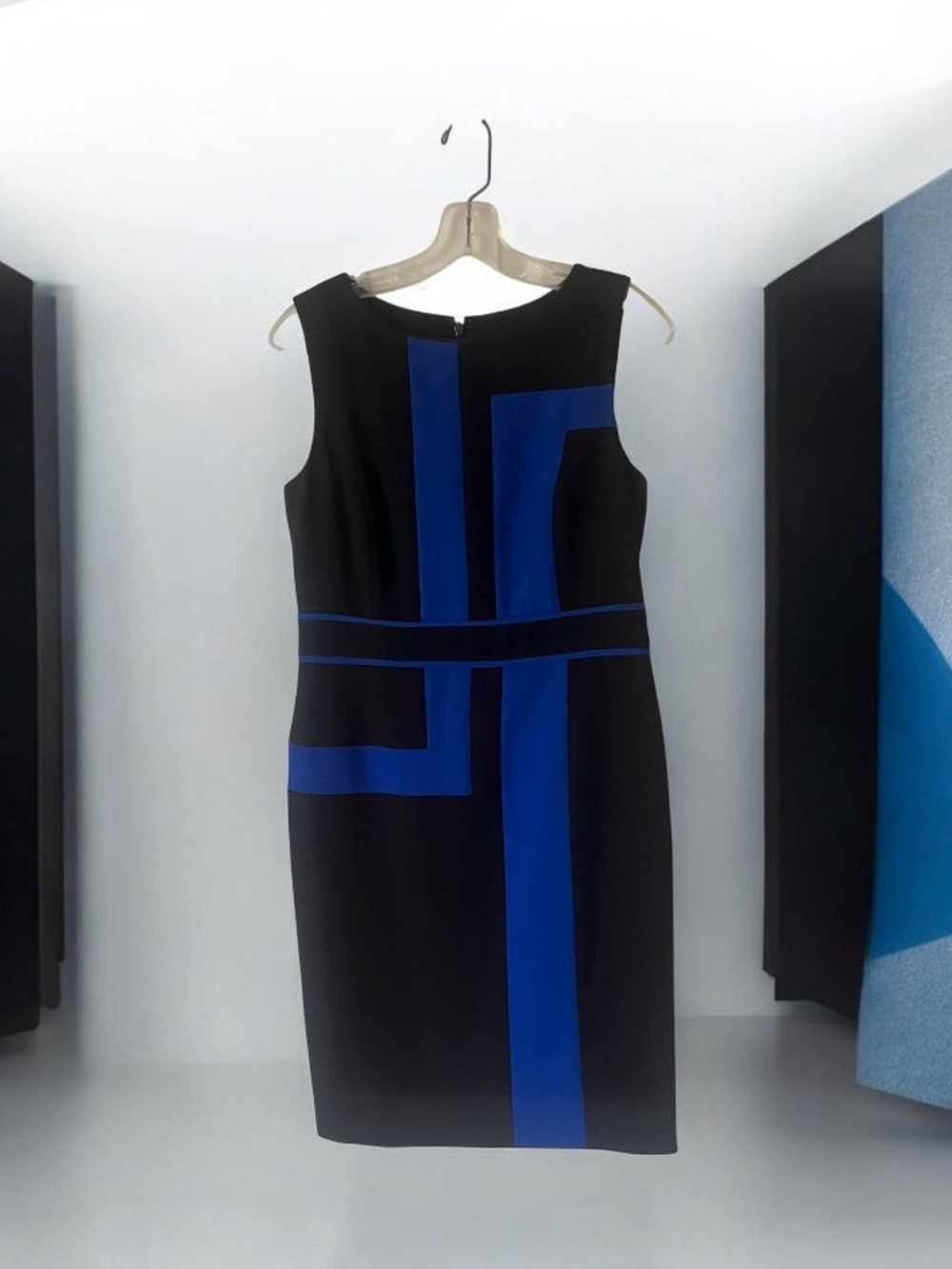 Nipon Boutique Black Sheath Dress with Royal Blue Geometric Panels